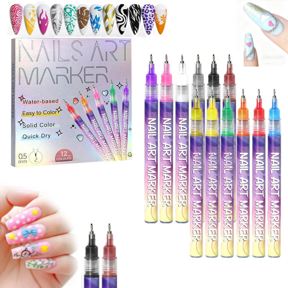 Nail Art Pens Set 12 Colors with Ultra Fine 0.5mm Tip and QuickDry Waterproof Ink for DIY Designs