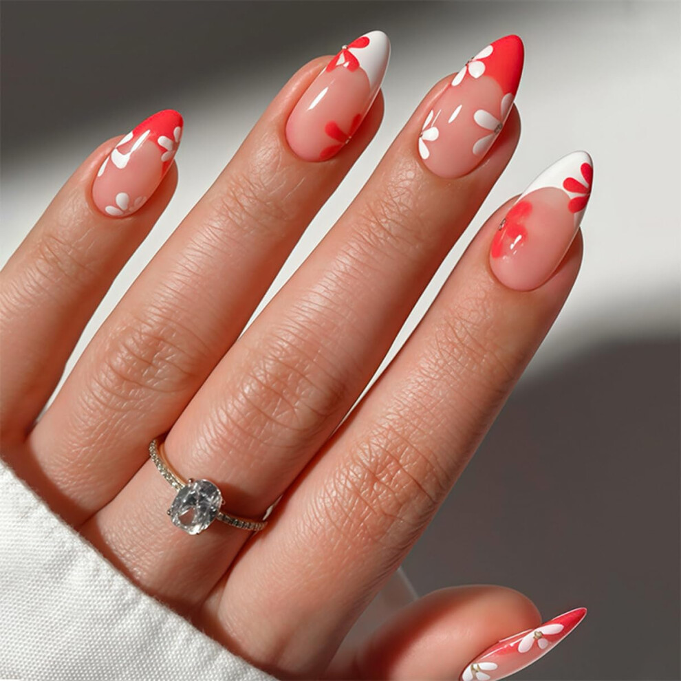 Short Almond French Tip Press On Nails Set with Glossy Floral Design, Reusable SalonQuality 24Pcs