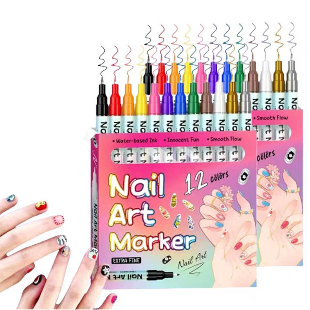 Waterproof QuickDry Nail Art Pens Set 12 Colors with 0.5mm Precision Tip, SmudgeProof 2 Pack