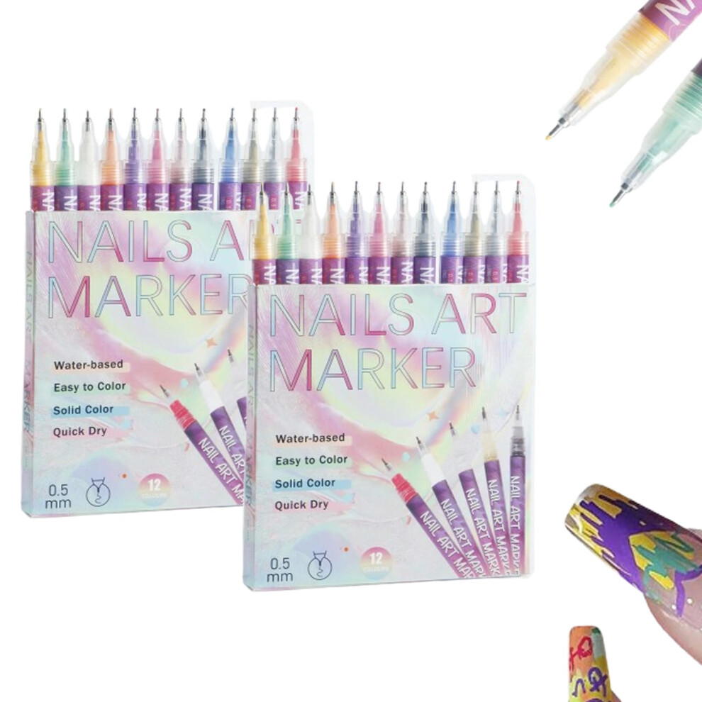 Nail Art Pens Set 12 Colors with Fine 0.5mm Tip, QuickDry Acrylic Paint for Gel and Acrylic Nails