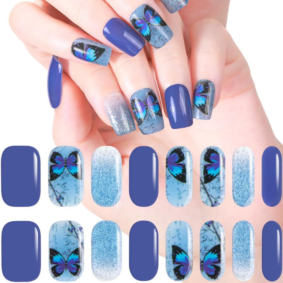 Semi Cured Gel Nail Strips UV LED Wraps, 16pcs DIY Manicure Kit with Tools, Salon Quality Finish