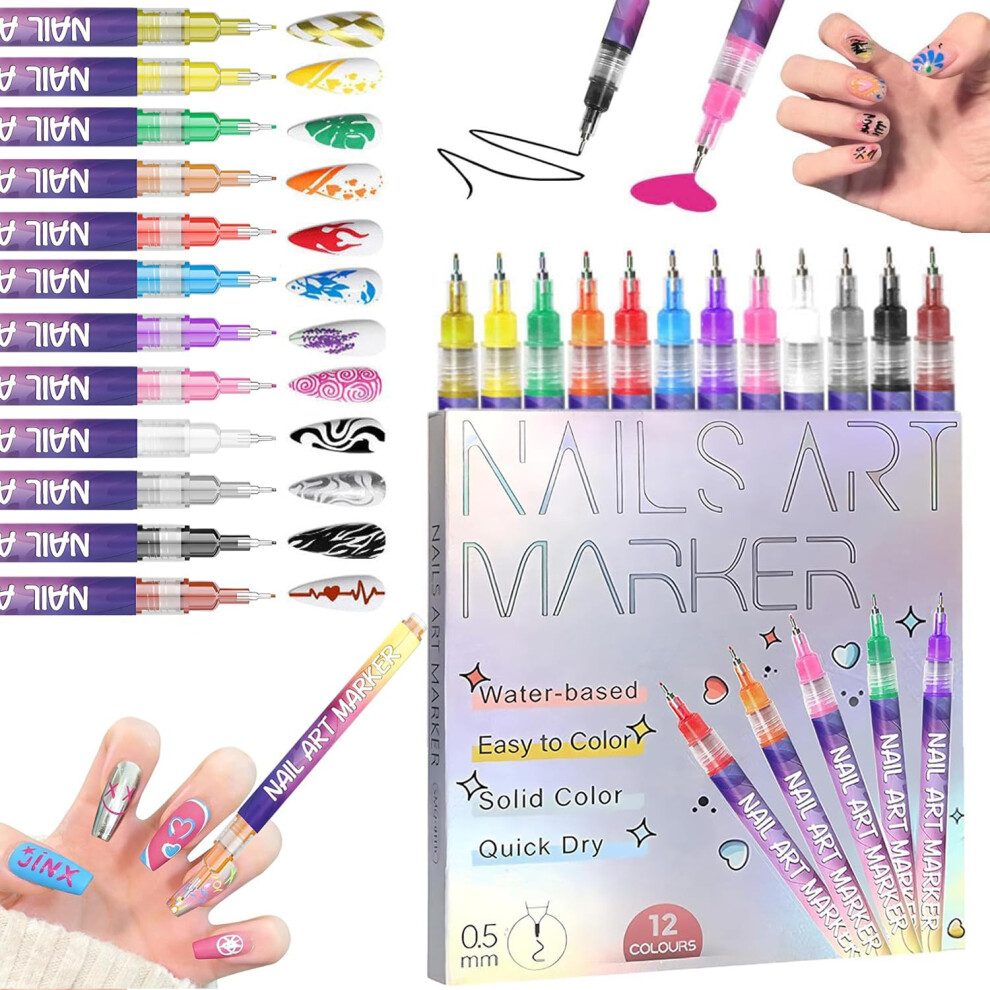 12 Colors Nail Art Pens Set with Precision Fine Tip, QuickDrying Nail Art Markers for 3D Designs