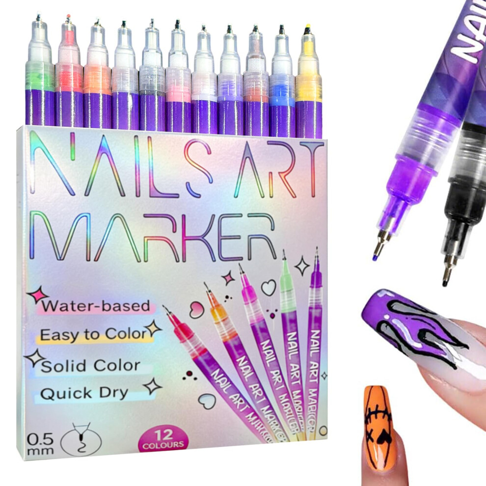 12 Colors Nail Art Pens Set with 0.5mm Precision Tip, Quick Dry Markers for DIY Manicure and Salon