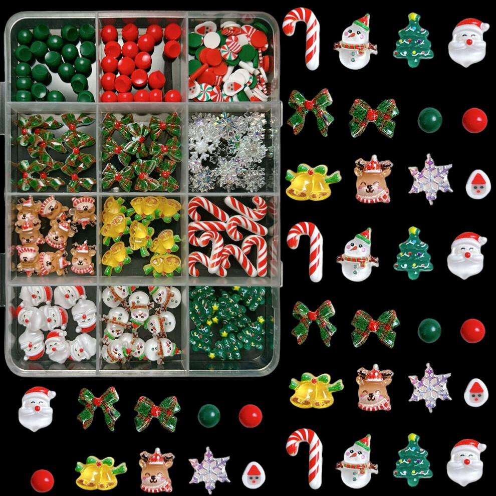 Christmas Nail Art Decorations Set with 3D Resin Charms, Snowmen, Santa, Elk, Tree, Bells 12 Grids