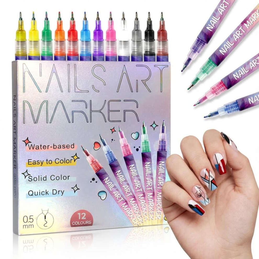 12 Colors Nail Art Pens Set with Fine Tip Precision for DIY Gel Nails, LongLasting Pigments