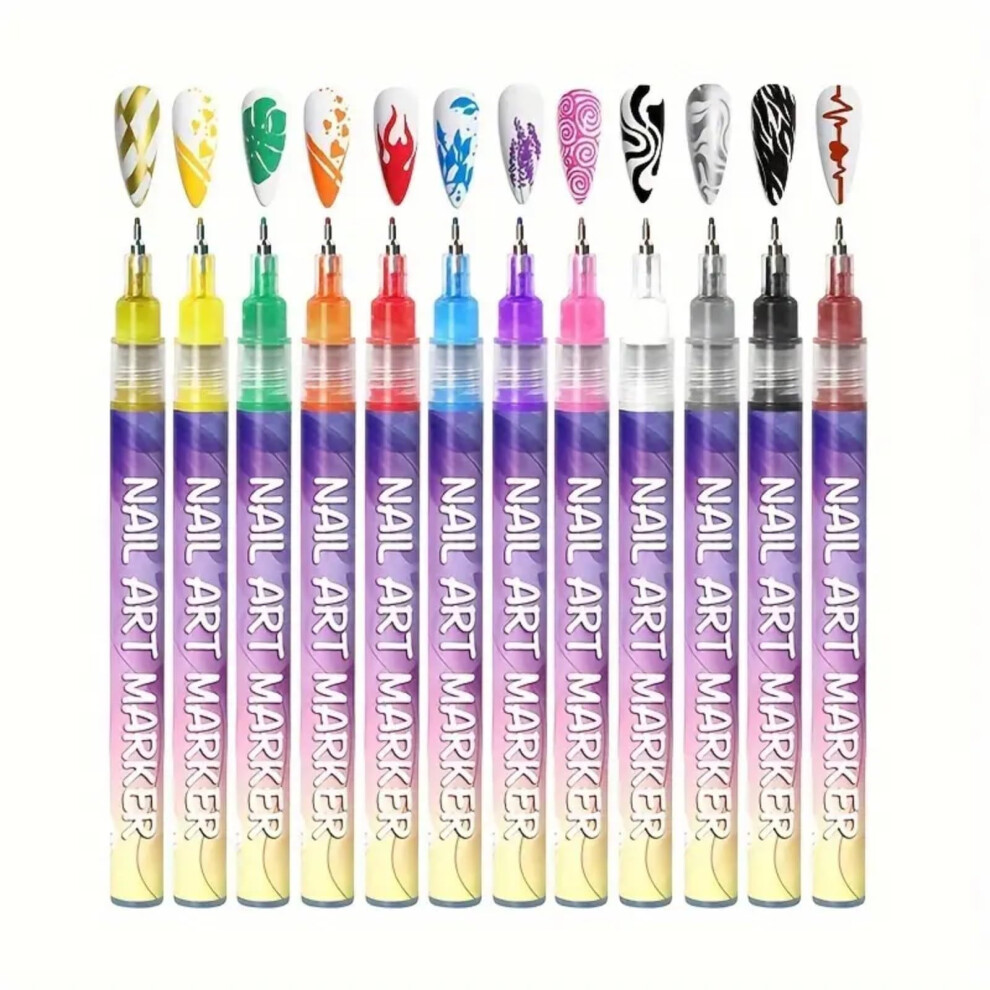 12 Colors Nail Art Pens Set with 0.5mm Fine Tip Acrylic Markers for DIY Manicure and 3D Nail Design