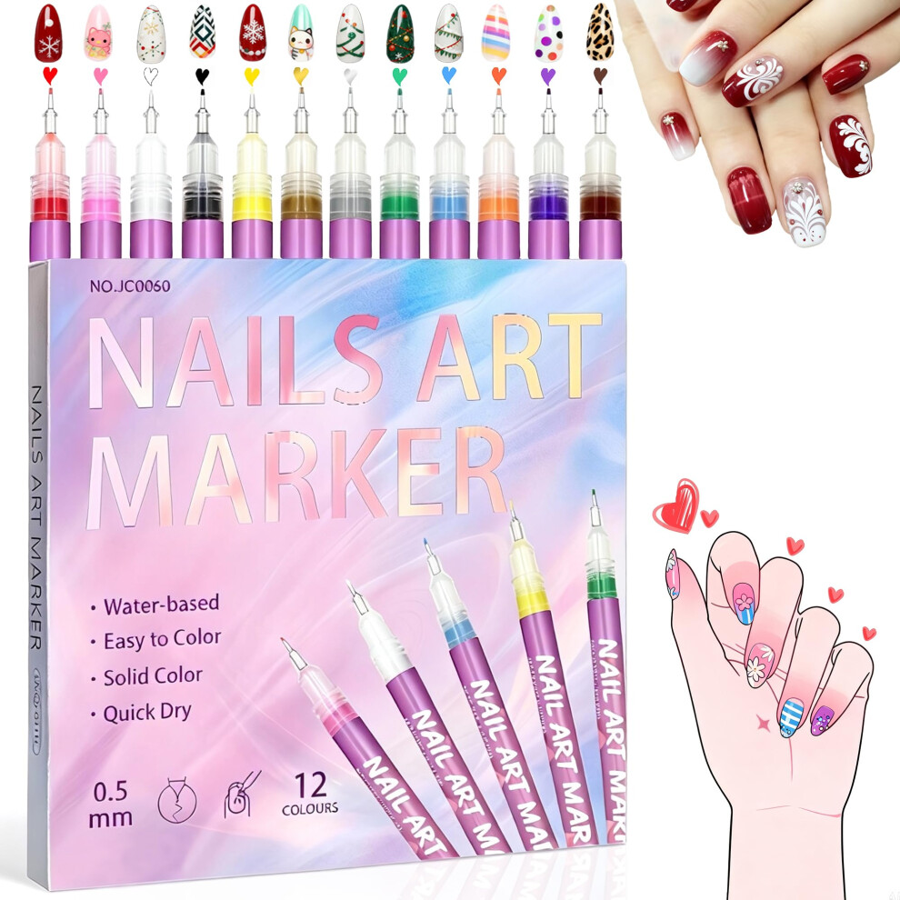 Nail Art Pens Set 12 Colors with Precise Ultrafine Tip and QuickDrying Vibrant Nail Art Markers