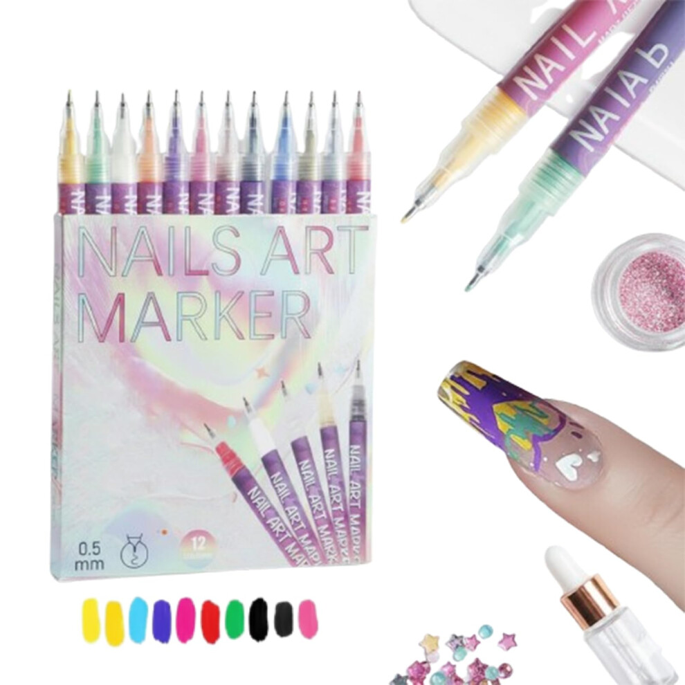 12 Colors Nail Art Pens Set with 0.5mm Fine Tip, QuickDry Markers for Gel and Acrylic Nails
