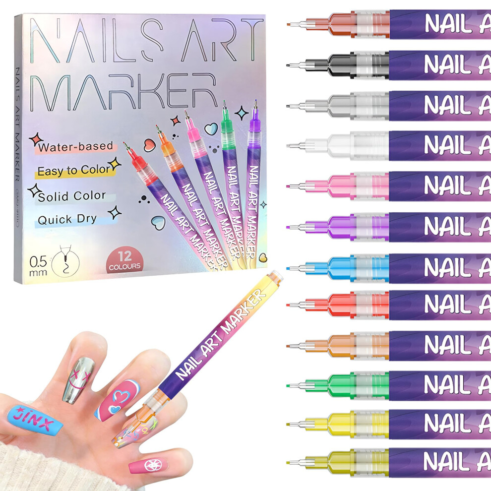 Purple 12 Colors Fine Tip Nail Art Pens Set, 0.5Mm Precise 3 In 1 Nail Polish Pens For Diy Manicure