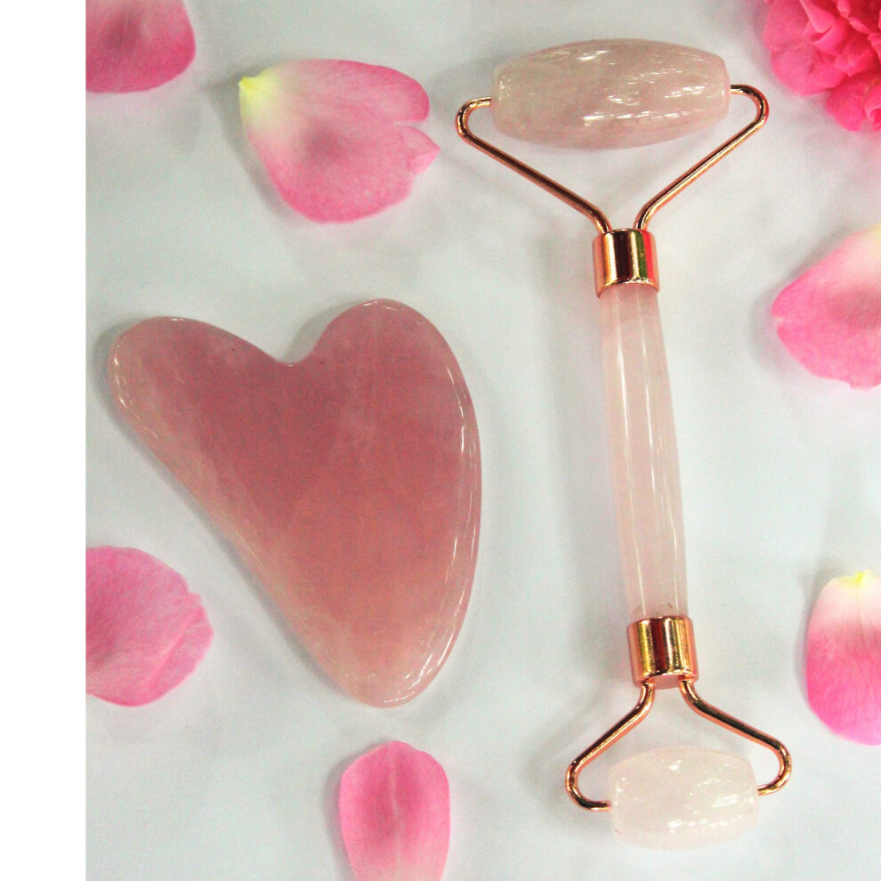 Rose Quartz Facial Roller and Gua Sha Set for AntiAging, DePuffing and Lymphatic Drainage Massage