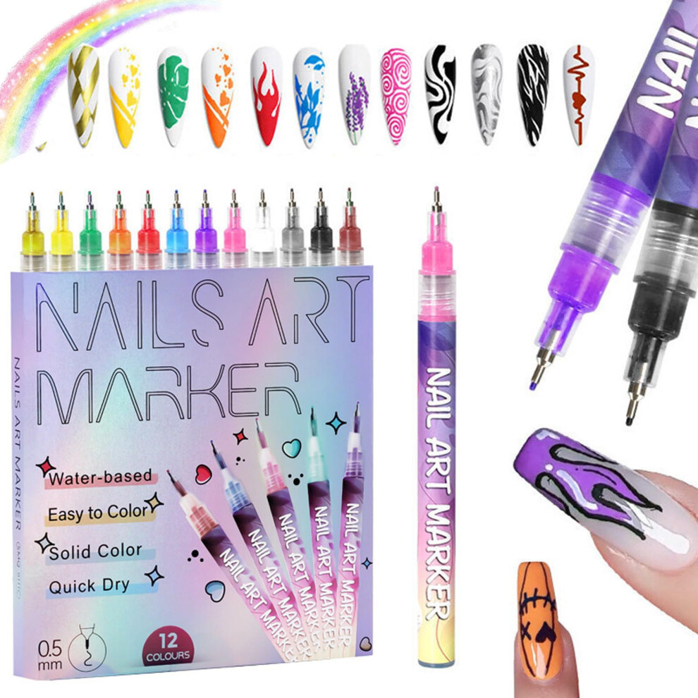 12 Color Nail Art Pens Set with 0.5mm Fine Tip, QuickDry Waterproof Nail Polish Drawing Pens for DIY