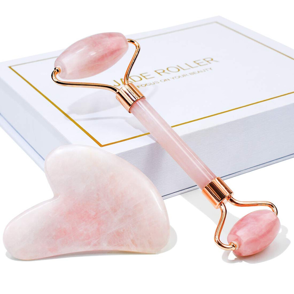 Jade Roller and Rose Quartz Gua Sha Set for Face and Neck AntiAging, Puffiness Reduction, Pink