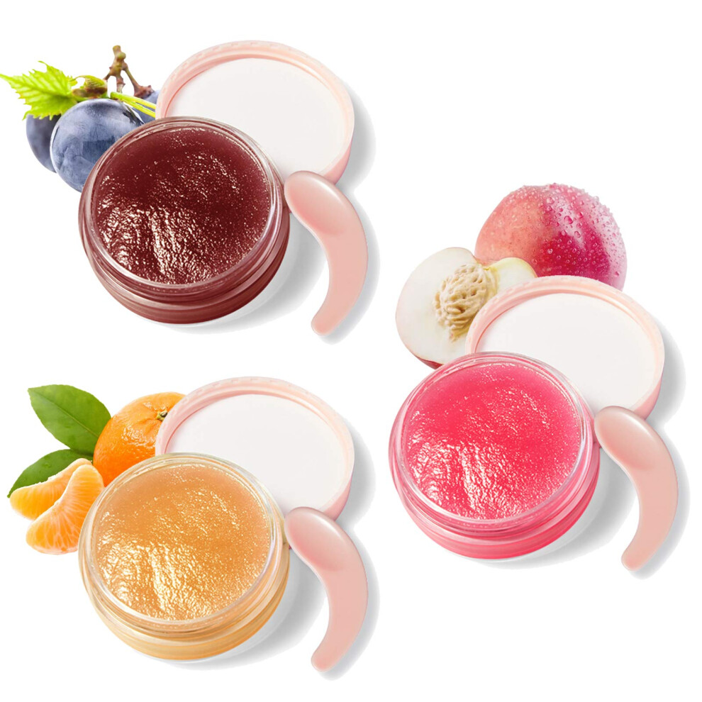 Peach/Orange Lip Scrub Set 3 Flavors Grape With Brush For Dry Chapped Lips Gentle Exfoliation