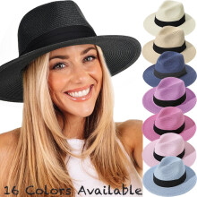 Chapéus de palha Panamá para homens e mulheres, chapéu de sol de verão para praia, chapéu fedora de aba larga, UPF50+