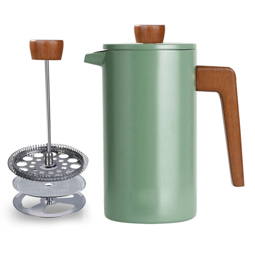 Καφετιέρα French Press με λαβή από πραγματικό ξύλο, διπλή μόνωση τοιχώματος, για τσάι