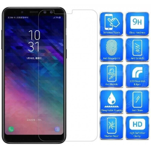Kit com 2 películas de vidro temperado compatíveis com Samsung A8 2018, 0,26 mm, 2,5D9H, transparentes.