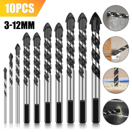 Juego de 10 brocas de punta de carburo resistente con mango triangular para hormigón, vidrio y bloques de cemento. 1
