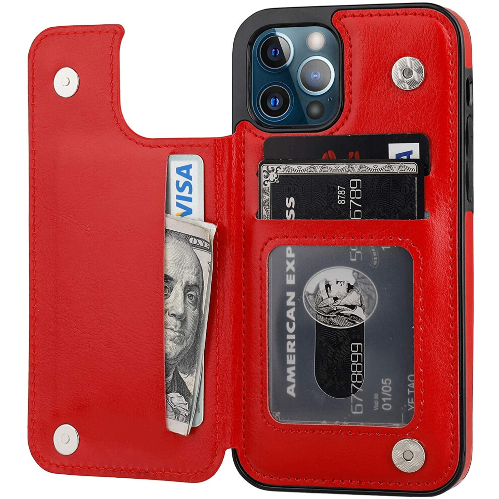 Compatible With Iphone 12 & 12 Pro, Wallet Case With Card Holder, Pu Leather Kickstand, Magnetic Clasp, Shockproof Cover For 6.1 Inch (Red) Red 9423501712622
