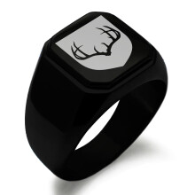 Anillo de sello pulido de acero inoxidable con escudo de armas de Fortitude, grabado en forma cuadrada plana, estilo motero, con astas de ciervo.