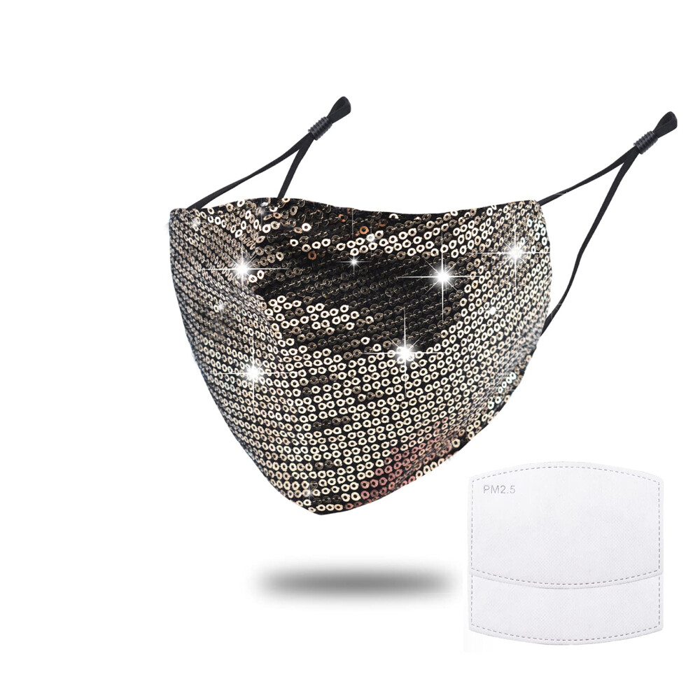 Sparkly Sequin Face Mask with Filters for Women Glitter Reusable Washable Fabric Gold