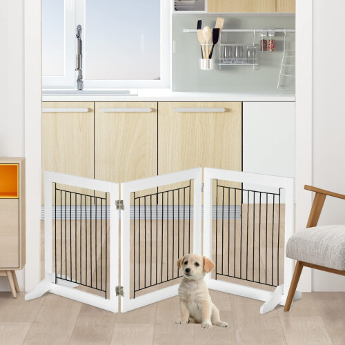PawHut PawHut Foldable Wooden Pet Gate w/ 3 Panels 2 Supp 1