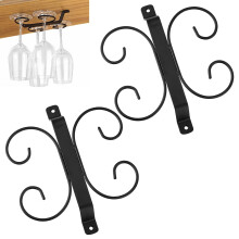 Black Iron Wine Glass Rack 2 Pcs Under Cabinet Holder with Stylish Roll Design Holds 4 Glasses