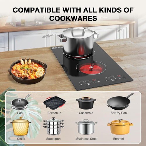 VBGK Double Ceramic Hob 3000W, Plug in 2 Ring Electric Hob with LCD 2