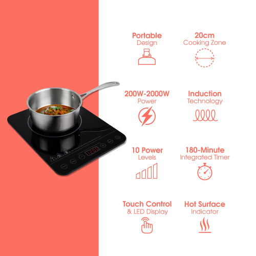 Abode Single Induction Hob Portable Digital Touch Control 2000W 1