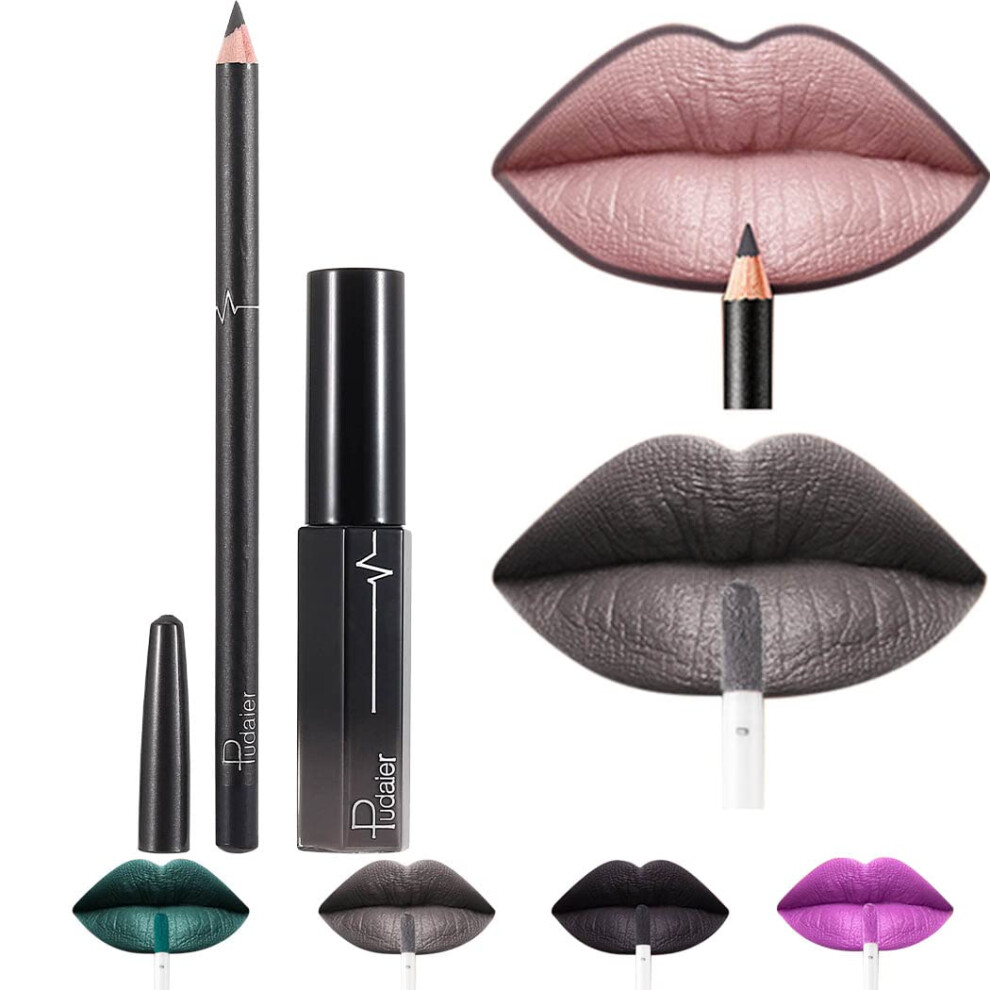 Grey Matte Liquid Lipstick And Velvet Lip Gloss Set With Lipliner, Long Lasting Color, Finish