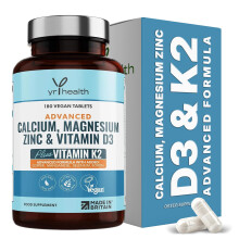 Calcium, Magnesium, Zinc and Vitamin D Plus Vitamin K2 MK-7 Tablets - Osteo Supplement - 180 Vegan Tablets not Capsules - Made in The UK by
