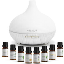 ASAKUKI 300ml Essential Oil Diffuser with 8 * 10ml Pure Essential Oils Gift Set, Ultrasonic Aromatherapy Humidifier, 7 LED Color Lights,