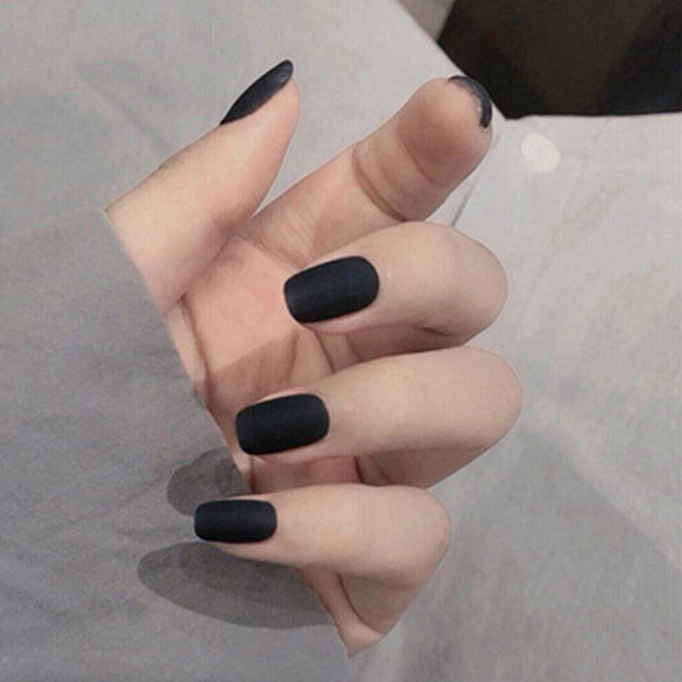 Matte Black Press on Nails Medium Square 24pcs False Nail Tips with Adhesive Tabs for Women and Girls