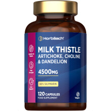 Milk Thistle Capsules 4500mg | 4-in-1 Complex with Artichoke, Dandelion and Choline | 80% Silymarin | High Strength Vegan Supplement | 120