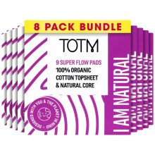 TOTM Natural Pads with Organic Cotton & Renewable Woodpulp | Super - Pack of 72 | Breathable Period Care with Secure Wings & Compostable