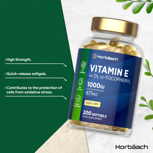 Vitamin E Capsules High Strength 1000iu | 200 Count | Vitamin E as DL-Alpha Tocopheryl Acetate | No Artificial Preservatives | by Horbaach 1