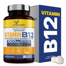 Vegan Vitamin B12 Tablets 1500mcg Methylcobalamin High Strength with Added Folic Acid & Black Pepper - 180 Tablets (6 Month Supply) -
