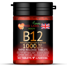 Red Label Health Vitamin B12 Tablets High Strength 1000mcg, 365 Tablets (1 Year Supply) Methylcobalamin B12 for Tiredness, Fatigue & Energy