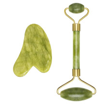 Jade Roller & Gua Sha Set - Face & Neck Massager, Eye Puffiness Treatment, Skin Tightening, Natural Green Slimming Massager (Roller-2)