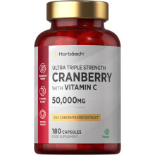 Cranberry Capsules 50,000 mg | High Strength Cranberry Extract with Vitamin C | 180 Vegan Capsules | Supplement for Women & Men | by
