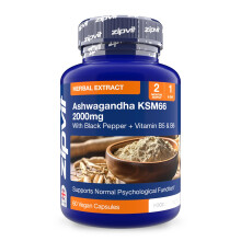 Zipvit Ashwagandha KSM 66 2000 mg with Vitamin B6, B5 & Black Pepper, High Strength Ashwagandha Root Extract, 60 Vegan Capsules, 2 Months