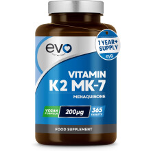 EVO NUTRITION Vitamin K2 MK-7 200mcg | 365 Vegetarian and Vegan Tablets (not Capsules) | 1-A-Day | Supports Maintenance of Normal Bones |