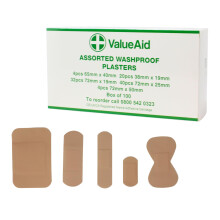 Value Aid Assorted Washproof Plasters - Pack of 100 Individually Wrapped Hypoallergenic, Latex-Free Adhesive - 5 Popular Sizes for First