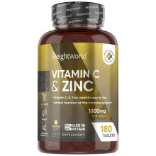 Vitamin C and Zinc Supplements - 6 Months Supply - 180 Tablets - 1 per Day - 1000mg L-Ascorbic Acid & 10mg Zinc Bisglycinate -