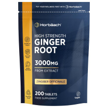 Ginger Root Tablets 3000mg | High Strength Zingiber Officinale Extract | Letterbox-Friendly & 100% Recyclable Pouch | 200 Vegan Tablets |