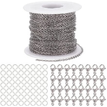 82 Fuß (ca. 25 Meter) lange Gliederkette aus Edelstahl 304 (2 mm) mit 20 Karabinerverschlüssen und 50 Biegeringen für die Schmuckherstellung