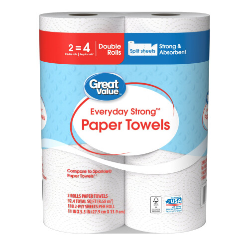 Everyday Strong Paper Towels, Split Sheets, 2 Double Rolls