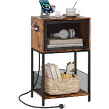Nightstand with Charging Station, 3-Tier End Table with Flip Drawer & Open Shelf, Industrial Bedside Table for Bedroom, Living Room, Retro Brown