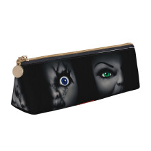 Bride of Chucky Triangle Pen Pouch, Black Leather Pencil Holder with Zipper, Portable Case for Pens, Markers, Makeup, Coins - White