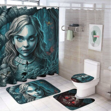 Alice Madness Returns 4-teiliges Duschvorhang-Set mit rutschfesten Teppichen, WC-Deckel und Badematte, wasserdichter Kinder-Duschvorhang mit