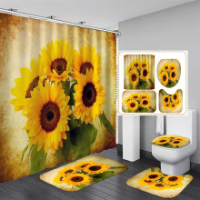 Sonnenblumen-Duschvorhang-Set, 4-teilig, rustikales Landhaus-Design mit Blumenmuster und Schmetterlingen auf Holz, Badezimmer-Dekor-Sets mit
